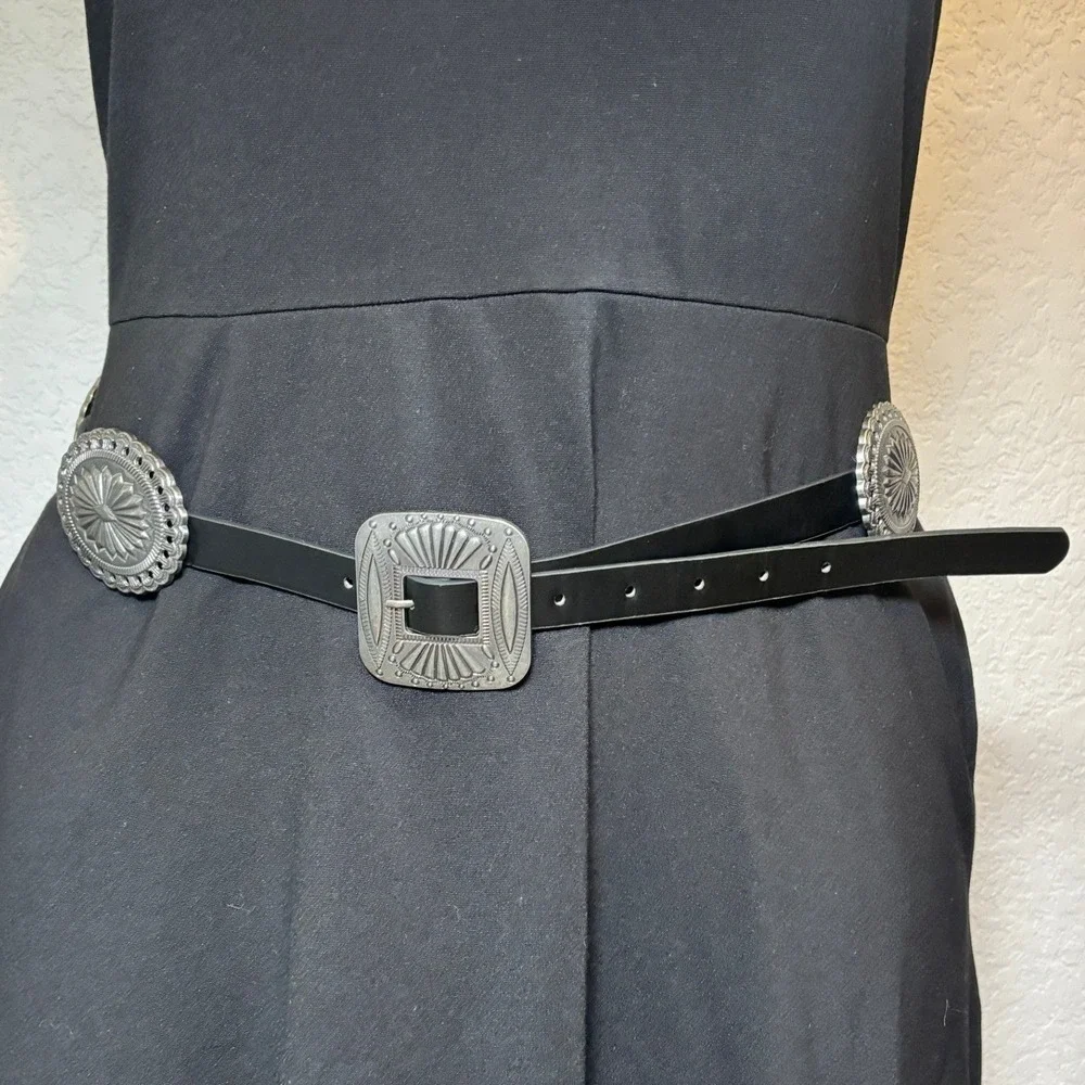 Womens Concho Belt Lrg Black Faux Leather Silver Tone Western Festival Boho Edgy